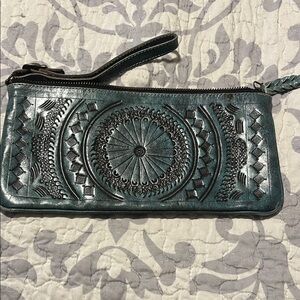 Leaders in leather Teal Embossed Leather Wristlet
